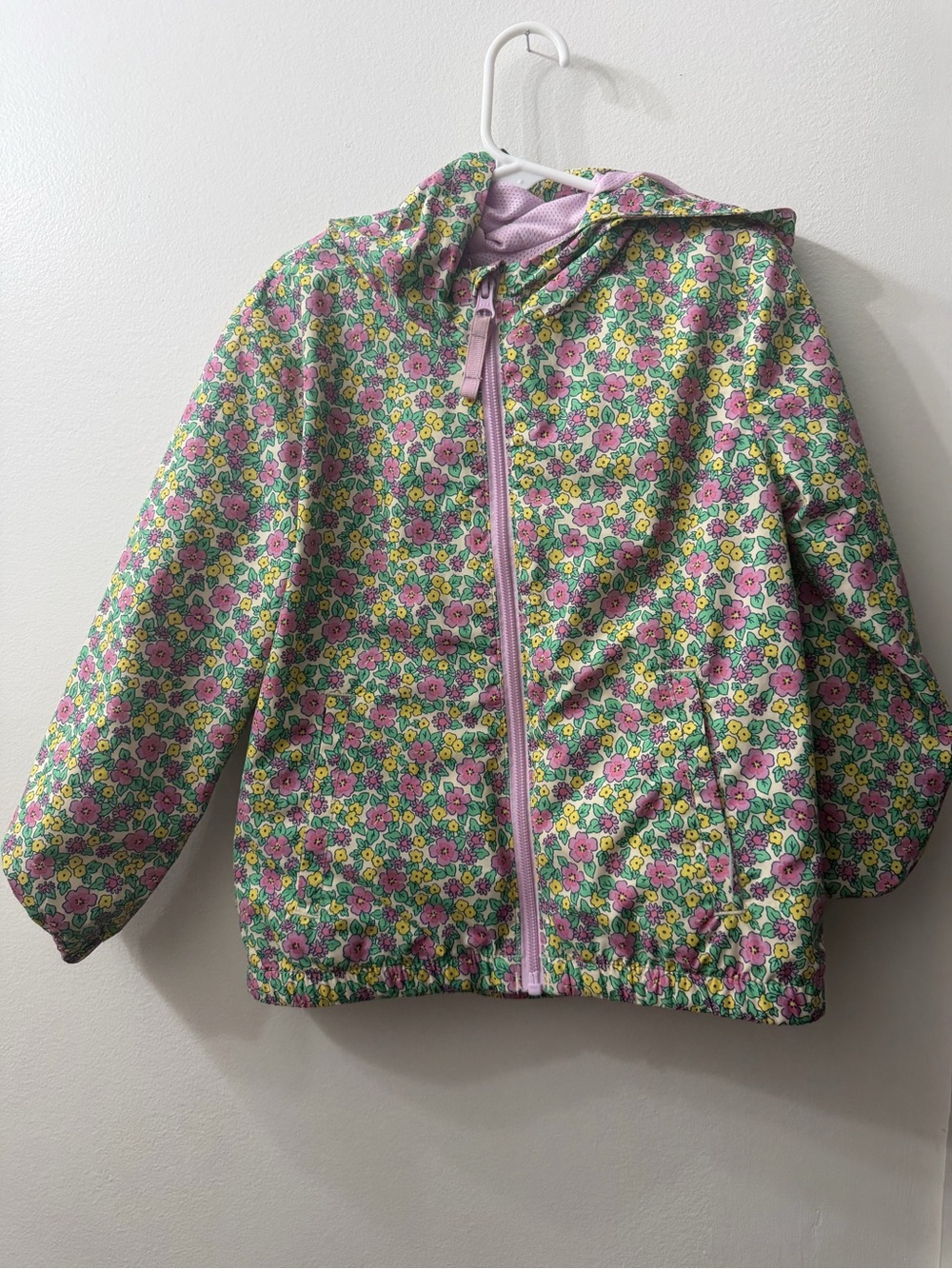 Kids Floral Raincoat - Pink & Green Hooded Rain Jacket